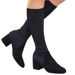 Eileen Fisher Black Most Tall Suede‎ Stretch Knit Block Heel Boot Size 6 new